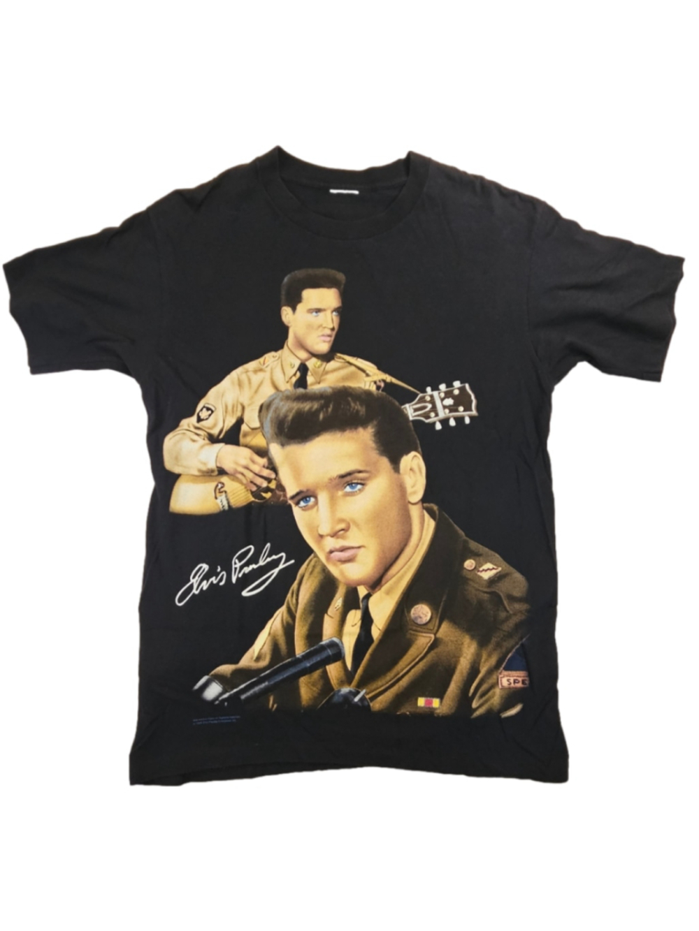 Vintage 1995 Elvis Presley Army Photo T Shirt Single Stitch Black Graphic Tee US